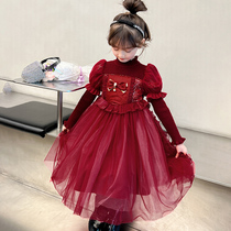Girl Autumn Winter One-piece Dress 2023 New Red Plus Suede Winter Dress Children Dress Dress Princess Skirt Girl