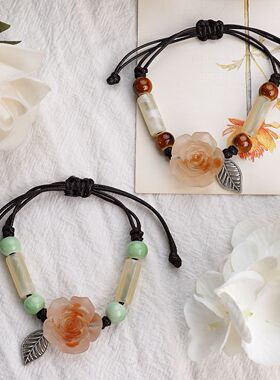 山茶花编织手链女原创设计小众景德镇陶瓷手饰民族风手绳饰品