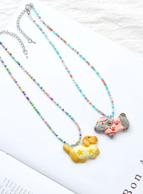 景德镇新款ins狗狗吊坠锁骨链多巴胺米珠串珠项链女小众萌趣饰品