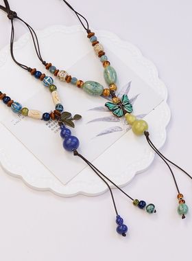 国风中式民族风景德镇陶瓷项链毛衣链瓷珠串珠吊坠古风配百搭新款