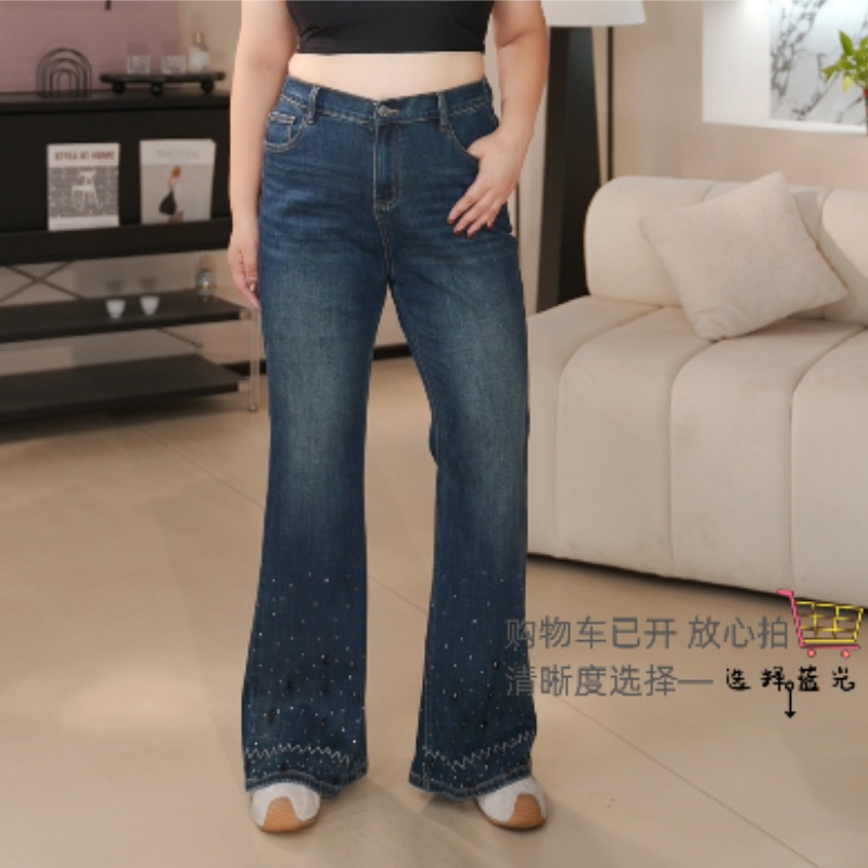 PWD33210【现货仅裤子】高腰显瘦烫钻大码女装微喇裤【裤长106】 - 图3