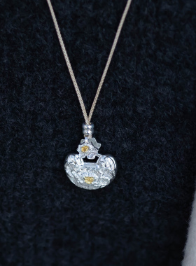 国风足银9999牡丹平安锁项链