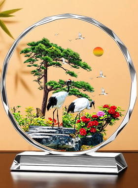 迎客松仙鹤延寿水晶摆件好寓意装饰桌面摆台定制客厅乔迁送礼祝福