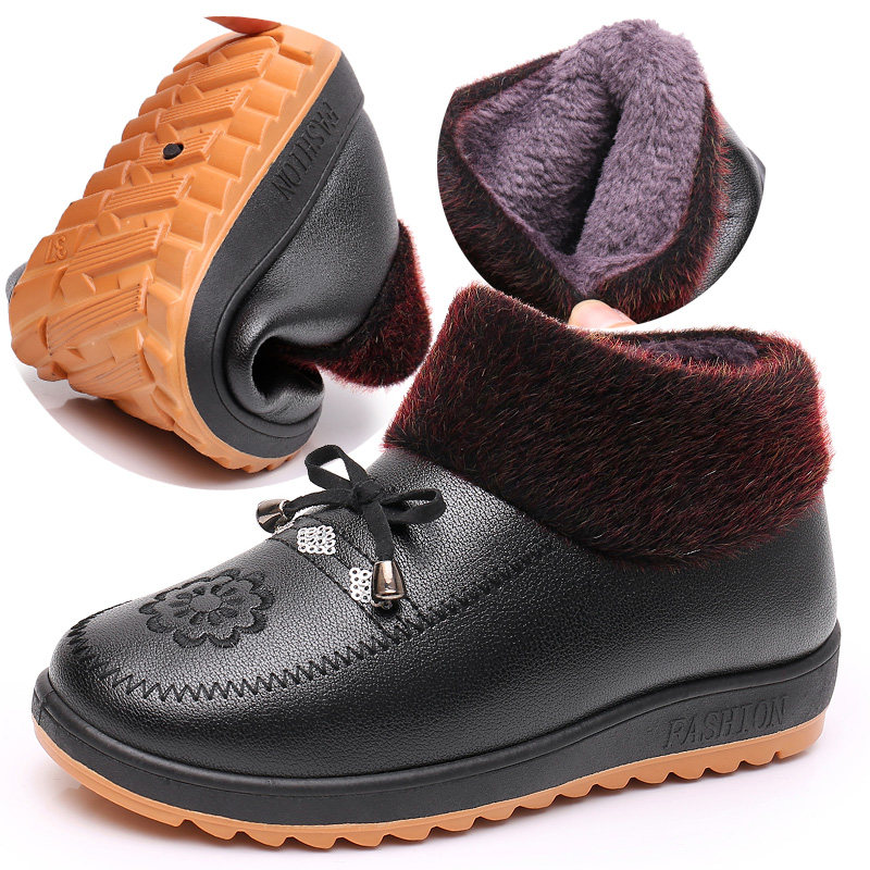 冬季妈妈鞋棉鞋加绒保暖中老年女鞋老人平底防滑软底防水皮革布鞋,淘宝优惠券,粉丝福利购,淘宝优惠卷