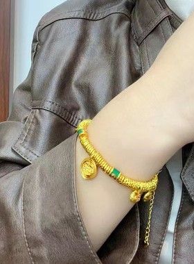 新款古法沙金珐琅黄财神盘缠手链