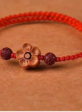 女生红绳桃木手链朱砂护平安儿童