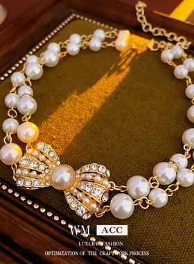 中古vintage镶钻花朵项链时尚轻奢重工锁骨链复古宫廷风项饰批发