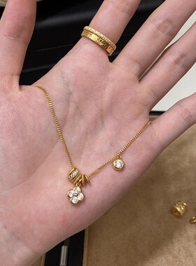 中古金色路路通跑环四叶草项链2025新款法式复古不掉色钛钢锁骨