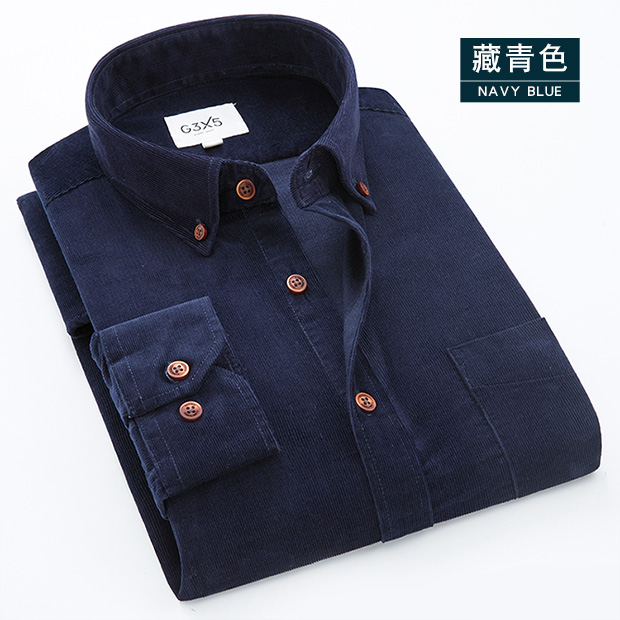 春秋季新款灯芯绒衬衫男长袖纯棉中年父亲爸爸装磨毛条绒全棉衬衣 - 图0