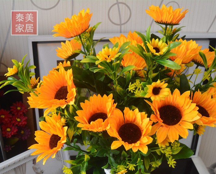 13叉把向日葵太阳花向日葵花束向阳花绢花假花塑料花花束绢花假花 - 图1