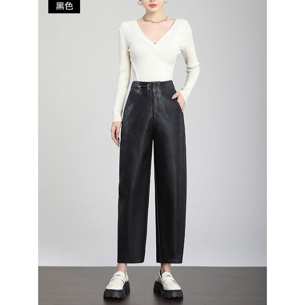 真皮皮裤女高腰宽松老爹裤绵羊皮哈伦九分裤休闲萝卜裤2025春新款,淘宝优惠券,粉丝福利购,淘宝优惠卷