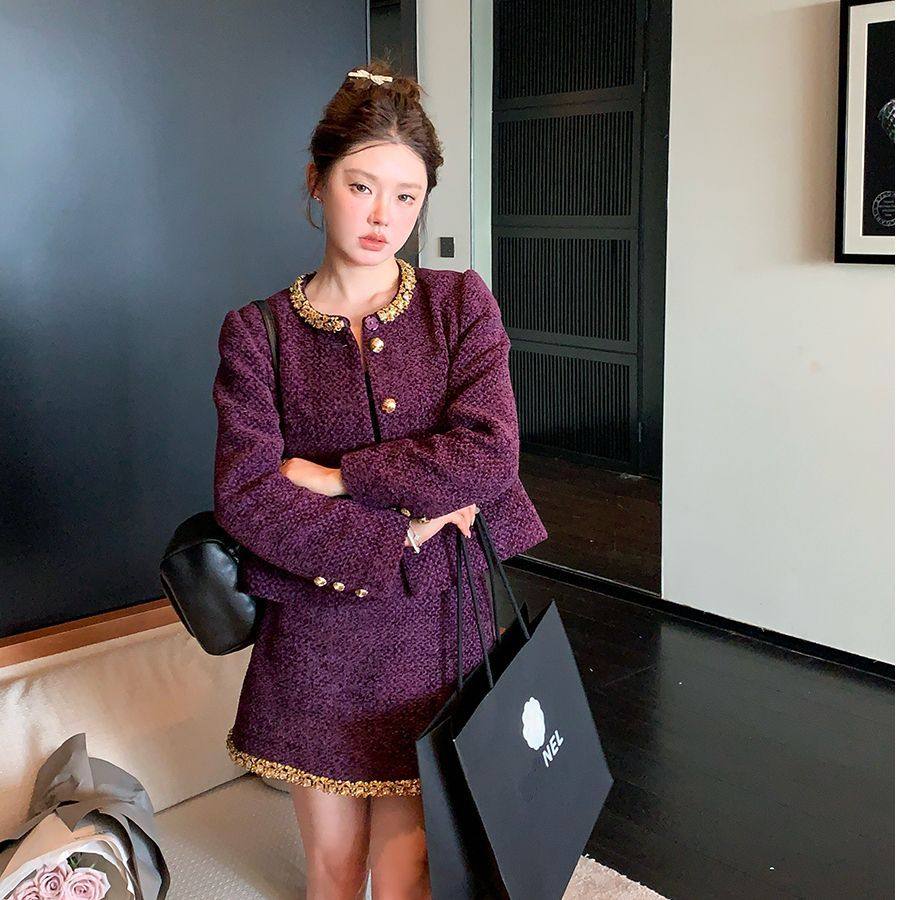 2026年秋千金紫色小香风套装裙女高级感短外套气质名媛两件套,淘宝优惠券,粉丝福利购,淘宝优惠卷