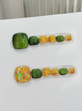 绿色猫眼跳色细闪亮片脚甲