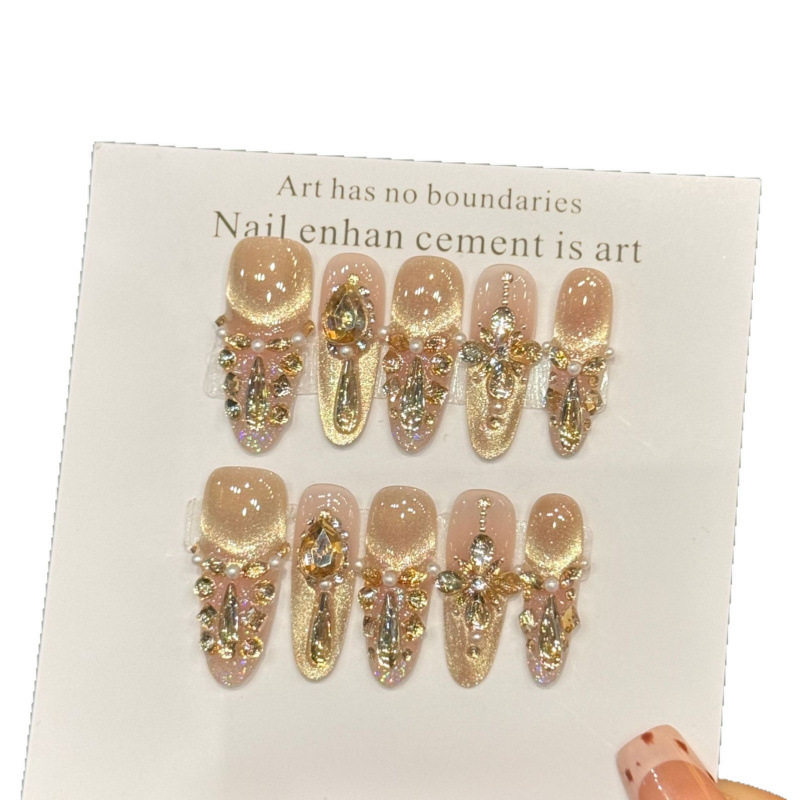 温柔显白轻奢纯手工穿戴甲金色闪粉水钻珍珠可拆卸高级感美甲甲片,淘宝优惠券,粉丝福利购,淘宝优惠卷