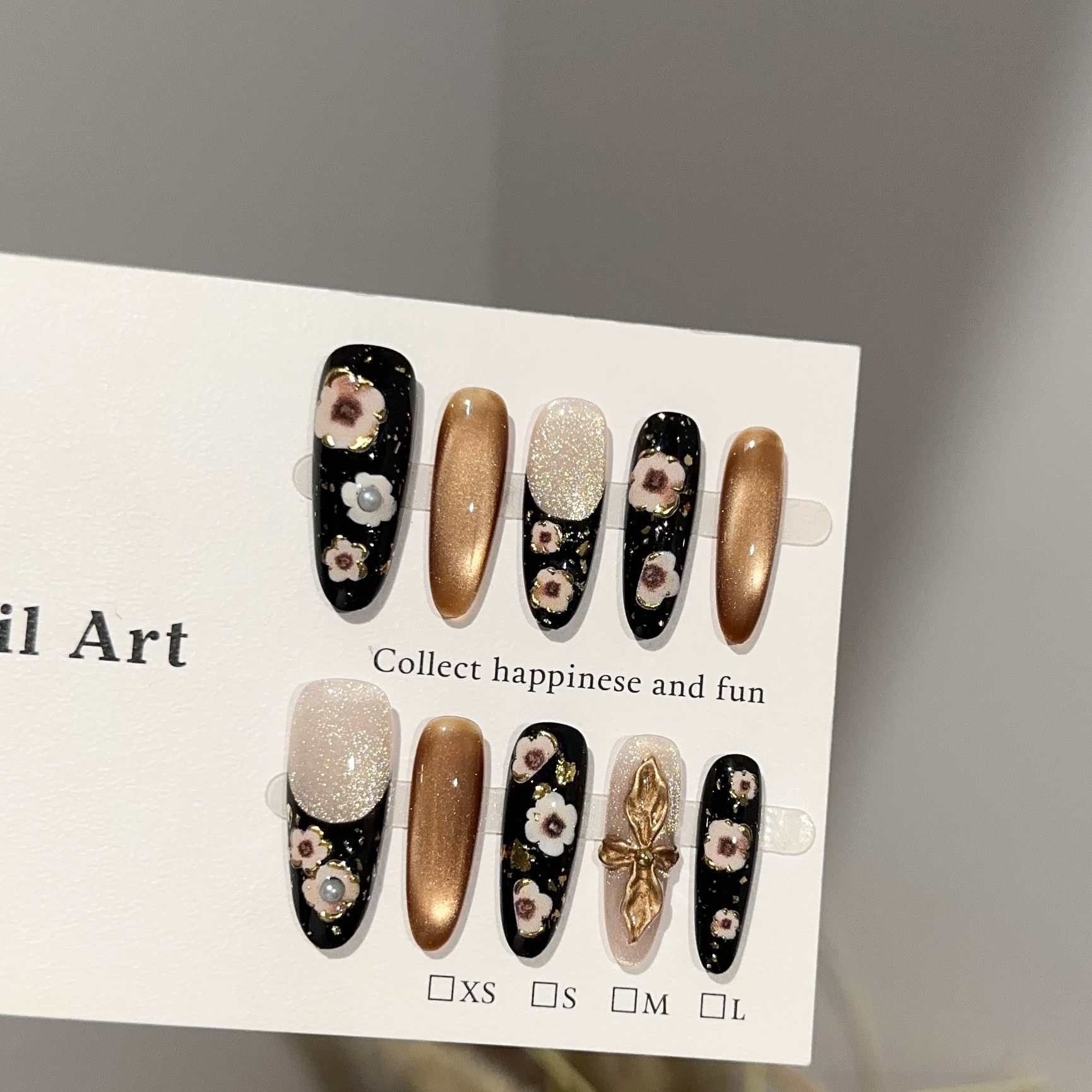 黑金小花穿戴甲高级感长款可拆卸显白2025新年款甜酷辣妹小众猫眼,淘宝优惠券,粉丝福利购,淘宝优惠卷