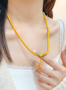 女款古法葫芦纳福聚宝三圈沙金手链绿松石流苏珠珠叠戴黄金色项链