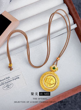 新中式越南沙金镂空花丝点钻可旋转黄财神罗盘吊坠咖啡编绳项链