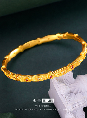 越南沙金新中式古法金镶嵌点钻款宝相花开口戒指卡扣手镯女款