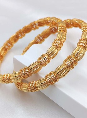 2025新款迪拜24K镀沙金手镯印度新娘结婚金镯子中东女式手环饰品