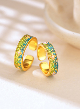 2025新款热卖沙金珐琅戒指民族田园风气质高级宫廷风个性精致指环