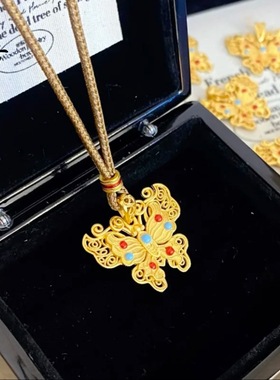 2025新中式高保色古法沙金红蓝花丝蝴蝶吊坠珐琅彩工艺项链毛衣链