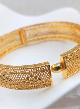 2025新款女士中东镂空网络开口沙金手镯首饰非洲印度婚礼金镯子
