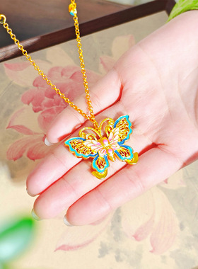 2026款金店同款沙金庄生晓梦脉脉花蝶项链甜美百搭双面蝴蝶吊坠女