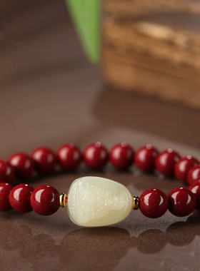 视频祝福朱砂和田玉本命佛手链女