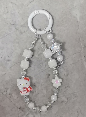 新款可爱kitty猫串珠手机链手机挂件钥匙扣链羊角钉提溜手机挂包