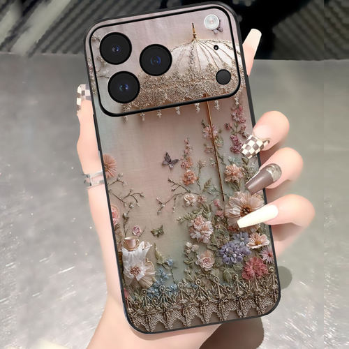 蝶羽花伞适用苹果17promax手机壳新款iPhone16pro套15plus复古轻奢风ip13pm硅胶防摔12por全包11p带手绳14女 - 图0