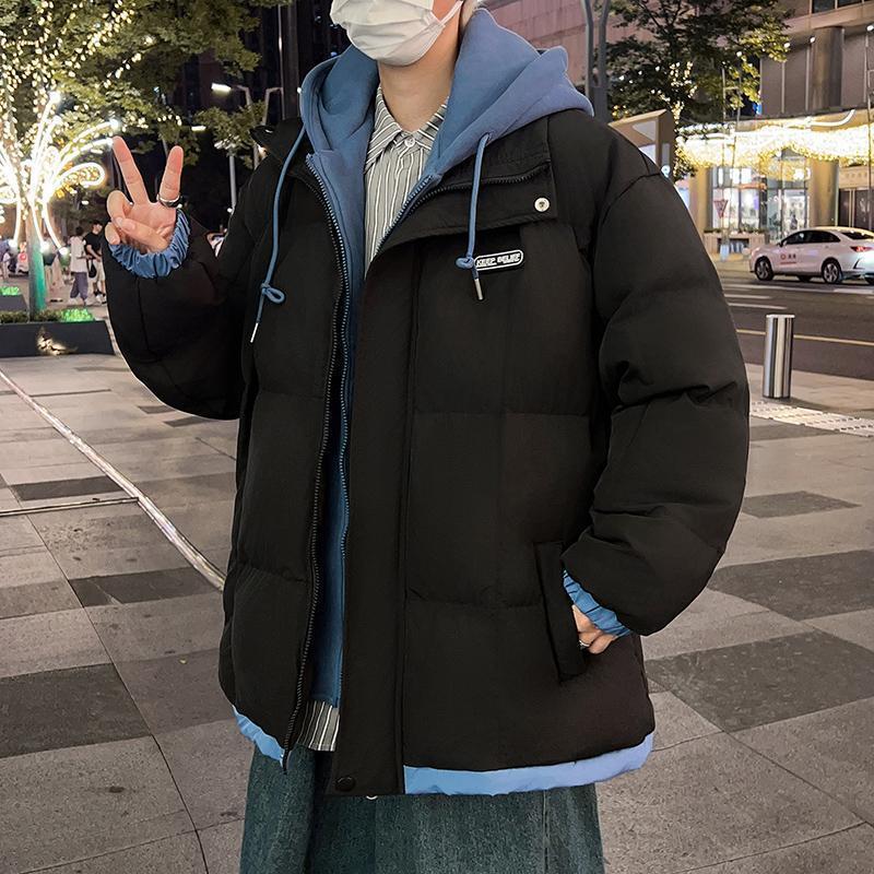 秋冬季2023新款羽绒棉衣假两件带帽棉服潮男青年棉袄防寒服男外套