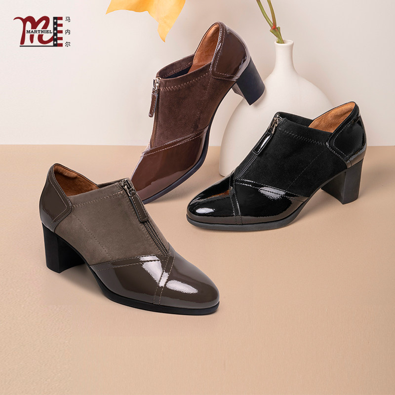 马内尔小皮鞋女早春新款黑色英伦风小众粗跟中跟单鞋时尚真皮百搭,淘宝优惠券,粉丝福利购,淘宝优惠卷