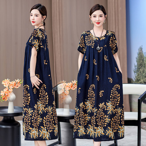 2026新款中老年棉绸连衣裙女夏季女装高贵过膝中年妈妈大摆长裙子 - 图1