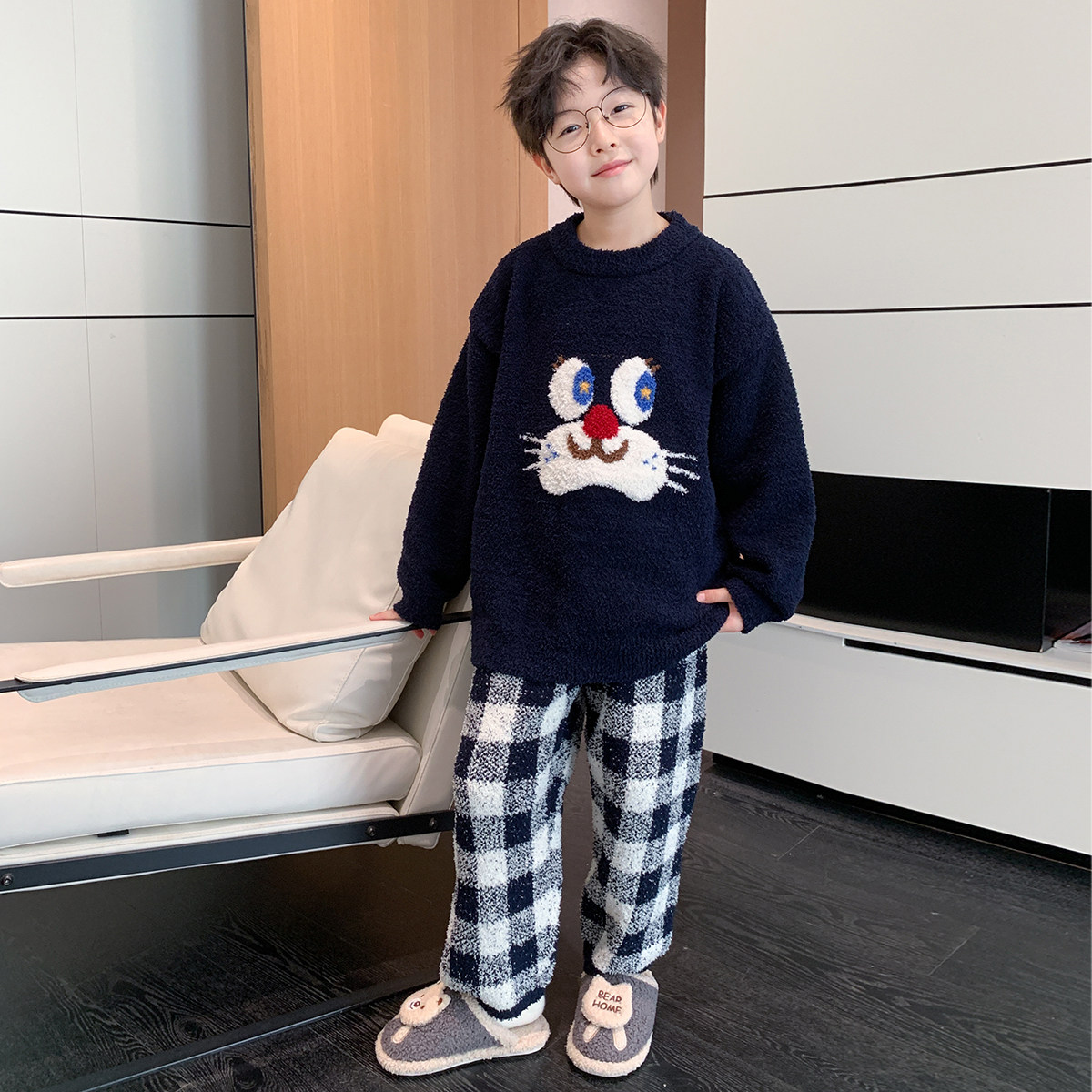 男童冬季半边绒家居服睡衣儿童休闲加绒套装中大童男孩保暖童装潮,淘宝优惠券,粉丝福利购,淘宝优惠卷