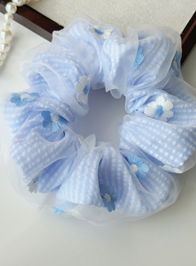 【晴风朵朵】 蓝白条纹网纱雏菊刺绣大肠发圈 清新双层纱发绳头饰