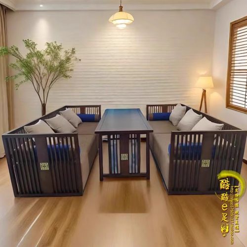 新中式茶楼大厅卡座沙发茶餐厅餐桌民宿酒店大堂包厢桌椅组合 - 图2