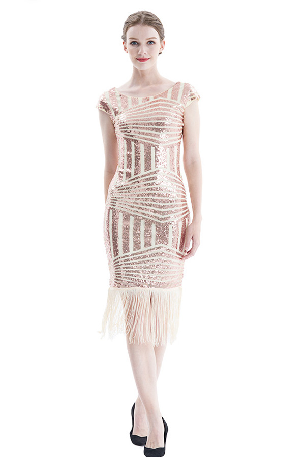 高个子1920s Vintage Flapper Fringe Sequin Gatsby Party Dress-图3