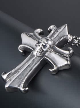 AH7钛钢骷髅头十字架潮男吊坠 古哥特式男士朋克摇滚复古项链个性