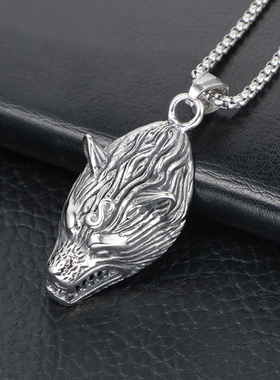 AH7欧美钛钢凶猛动物狼头吊坠仿旧个性设计挂饰毛衣链配饰项链