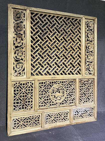 Early Qing Dynasty curly grass pattern windmill pattern magpie sika deer old wood carving large window antique antique collection pendant