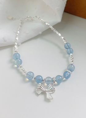 S925纯银蝴蝶结手链女 草莓晶海蓝宝灰月光小众甜美手饰