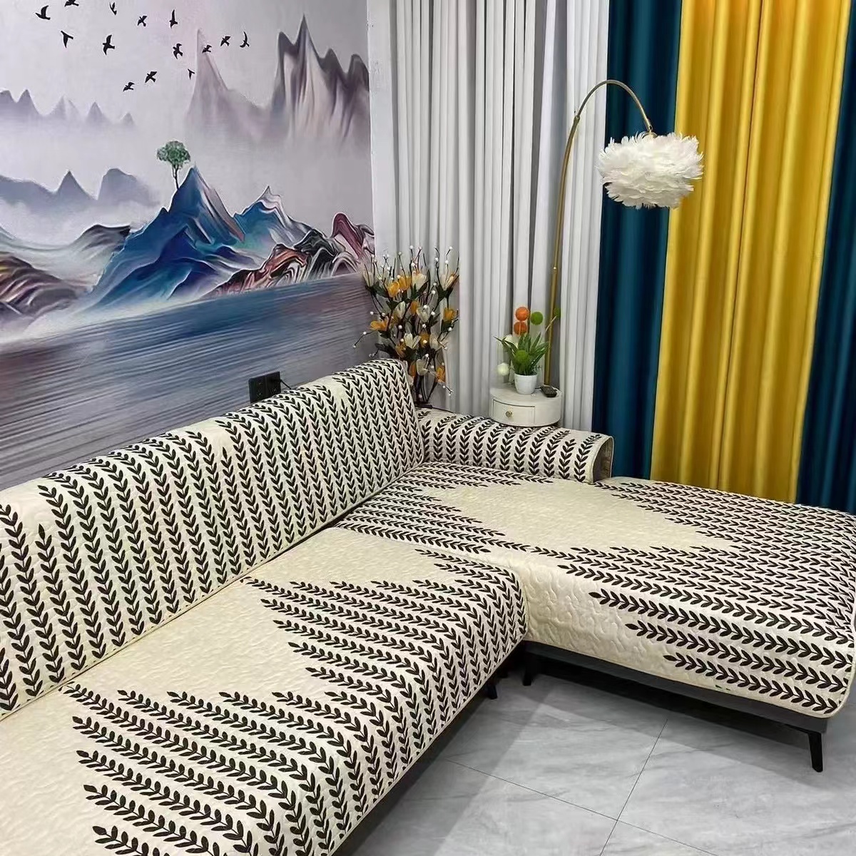 YH新款定位印花加棉加厚沙发垫莱卡棉坐垫防滑组合套装一套三片_诚信购物商城1号店_居家布艺-第3张图片-提都小院