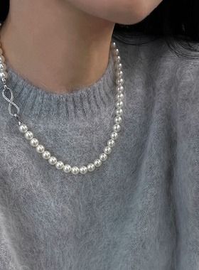 玻璃珍珠双层叠戴麻灰色项链