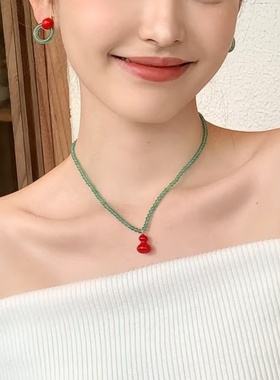 新款红色葫芦项链轻奢高级感锁骨链女饰品小众配饰明星同款毛衣链