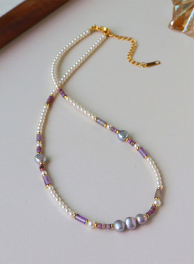 原创银灰色炫彩淡水珍珠项链女