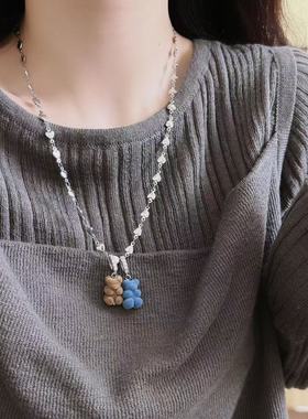 双层植绒小熊吊坠爱心项链女