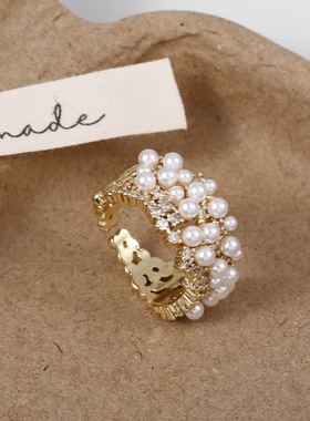 法式轻奢优雅珍珠满天星戒指铜镀真金可调节开口戒高级感手饰品