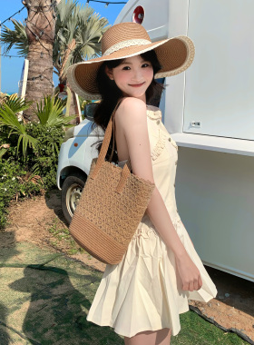 CDLM陈大刘芒 【升级大帽檐】法式蕾丝蝴蝶结编织草帽包包套装