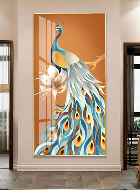 中式富贵孔雀风水玄关挂画花开吉祥走廊入户壁画过道好寓意装饰画