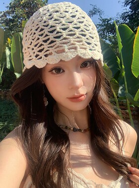 春夏手工编织亮片镂空针织钩花帽子女文艺百搭包头帽显脸小套头帽